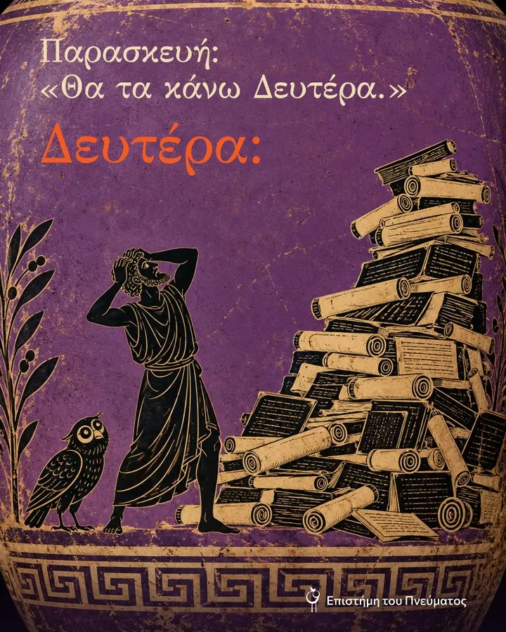 Παρασκευή: «Θα τα κάνω Δευτέρα.» Δευτέρα: αρχαίος Έλληνας σε αγγείο πιάνει το κεφάλι του μπροστά σε βουνό από πάπυρους.